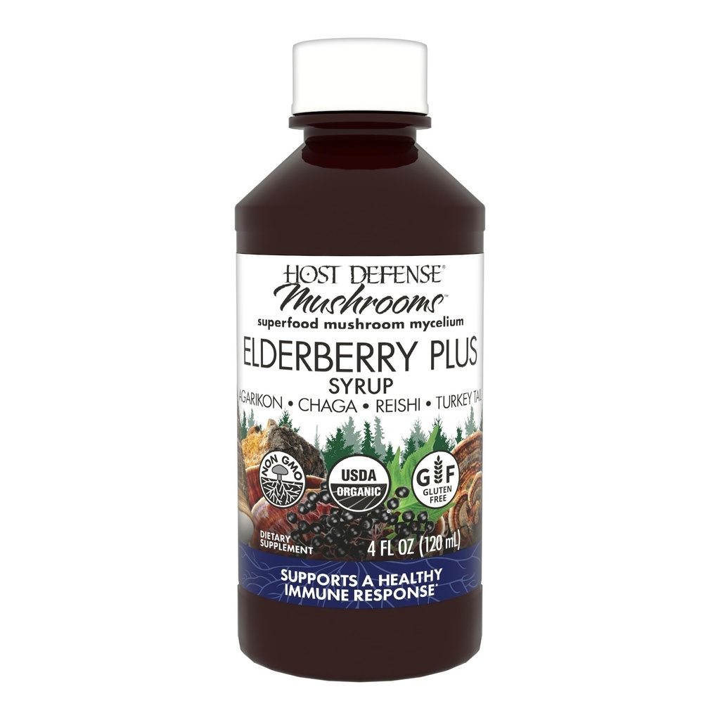 Host Defense Elderberry Plus Syrop - immunologiczny, oddechowy i Lung Supplement Supplement * - Liquid Mushroom Supplement with Turkey Tail, Reishi, Agarikon & Chaga * - 4 fl oz (12 Sług)