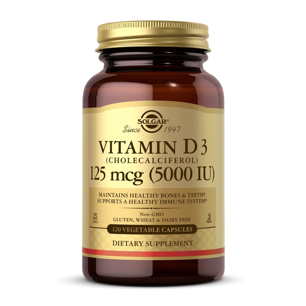 Solgar Witamina D3 (Cholecalciferol) 125 μg (5000 j.m.), 120 Kapsułki warzyw - Pomaga utrzymać zdrowe kości i zęby - Wsparcie układu immunologicznego - Non-GMO, Gluten Free, Dairy Free, Kosher - 120 Służenie