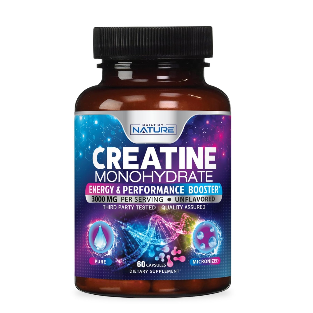 Wybudowany przez Nature Creature Monhydrate Pills - Mikronizowany Suplement dla Stwórców dla mężczyzn i kobiet - Siła mięśni, Energia, Wytrzymałość i Odzysk - Bez glutenu, Wegan, Non-GMO - 60 Kapsułki