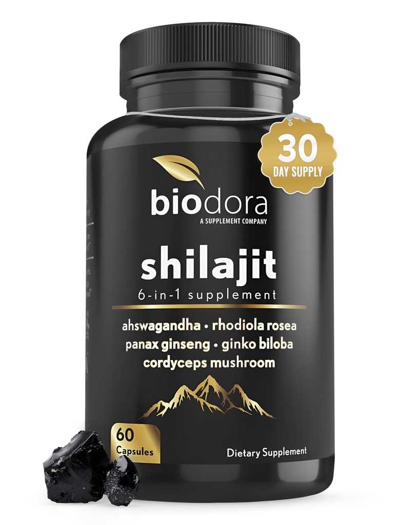6- in-1 Shilajit Supplement 300mg, Mood and Energy Supplement with 60mg Pure Ashwagandha, Rhodiola Rosiola Panax Ginseng for Immune Support, Pamięć i Focus, 85 + Minerały śladowe, 60 Kapsułki