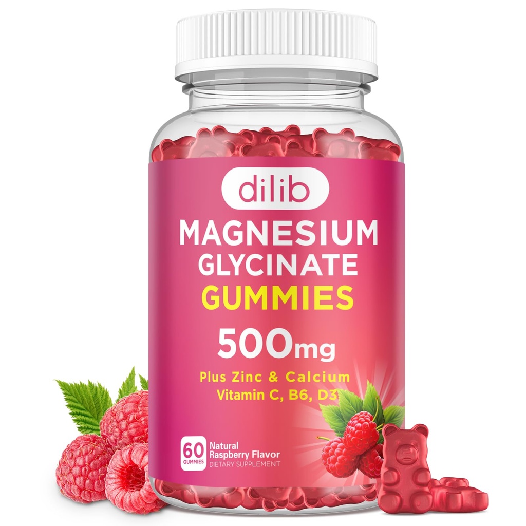 Glucynian magnezu Gummie 500mg Suplement magnezu z wapniem, Cynk, Witamina C, B6, D3-spokojne Gumiaki do żucia dla dzieci i przyprawy - Sen, Mood & Muscle Support- Malina Flavor, 60 Gumiaki