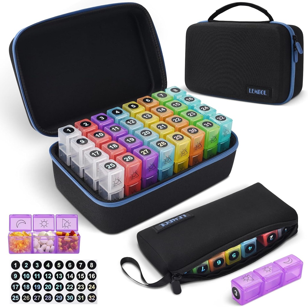 Monthly Pill Organizer 3X a Day with Portable 7- Day Travel Medicine Organising Bag, Big Pill Box z 32 Codzienne Komory, 30 Day Pill Case Medicine Organizer for Witamina, Suplement i Medycyna