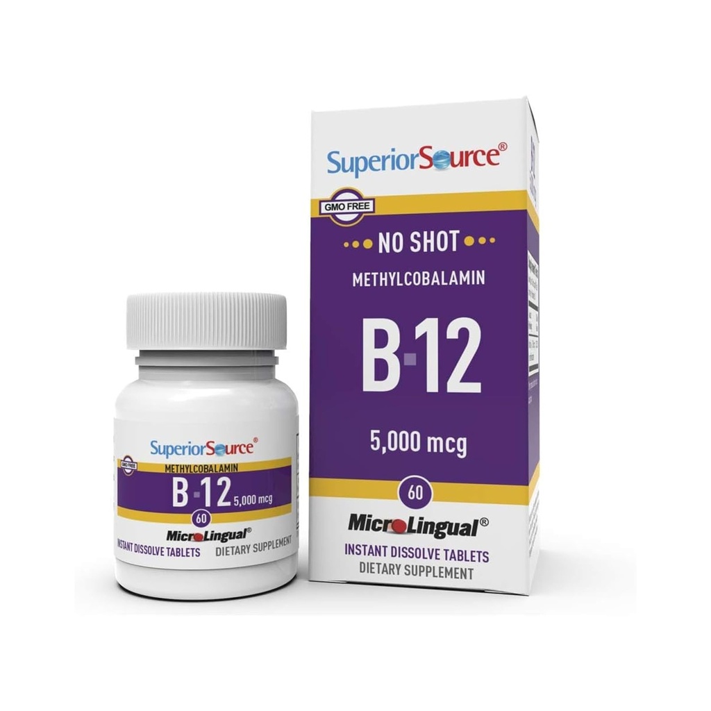Superior Source No Shot Methylcobalamin B- 12 5000 µg - Witamina B- 12 do wspierania produkcji energii, Zdrowie mózgu i ogólne Wellness - Podjęzykowe tabletki do szybkiego wchłaniania - 60 Rozpuszczające tabletki
