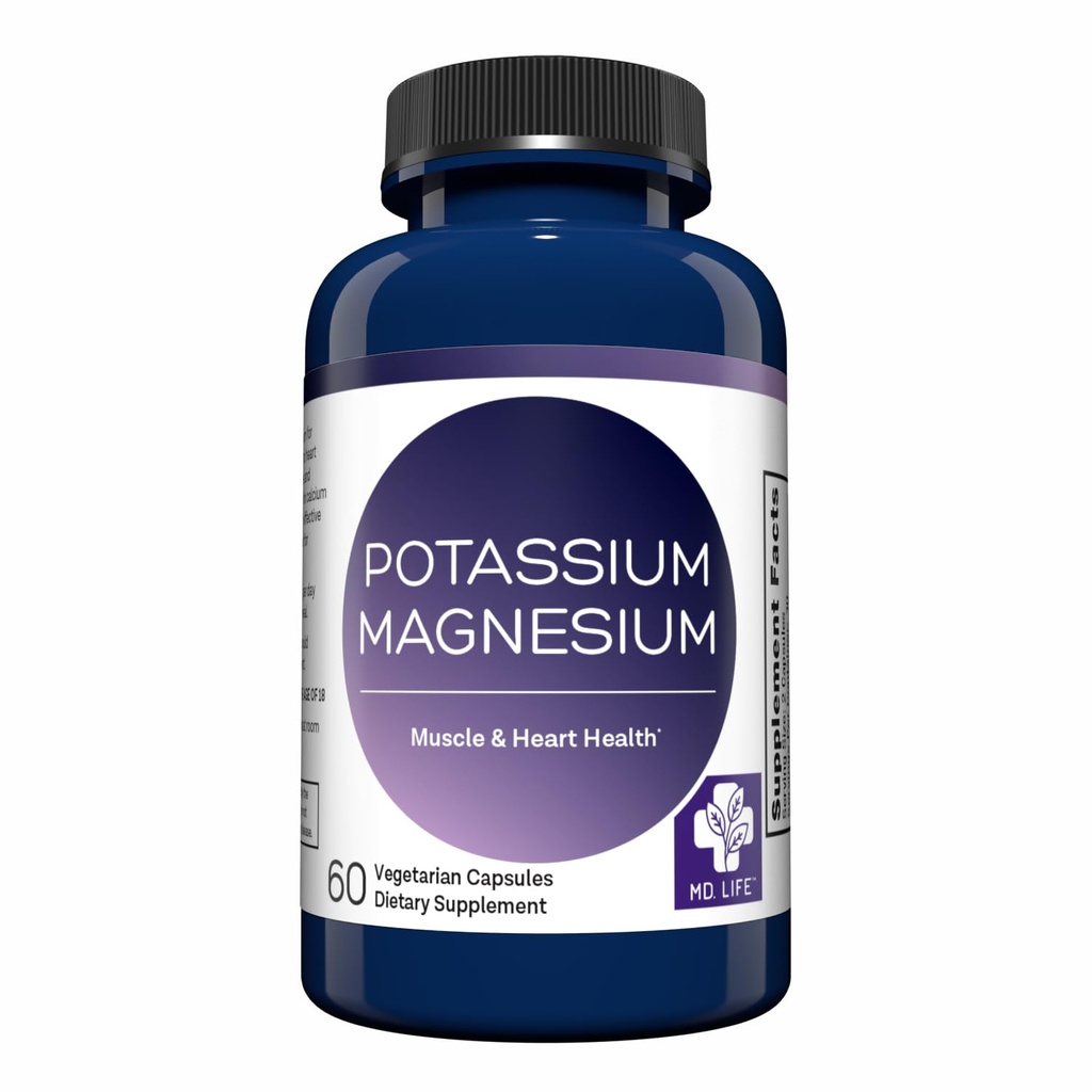 MD. Life Potasu Magnezu Suplement - 60 Kapsułki - Wysoka Absorpcja Magnezu Kompleks - Suplement potasu do wsparcia zdrowia naczyniowego & Kurcz nogi