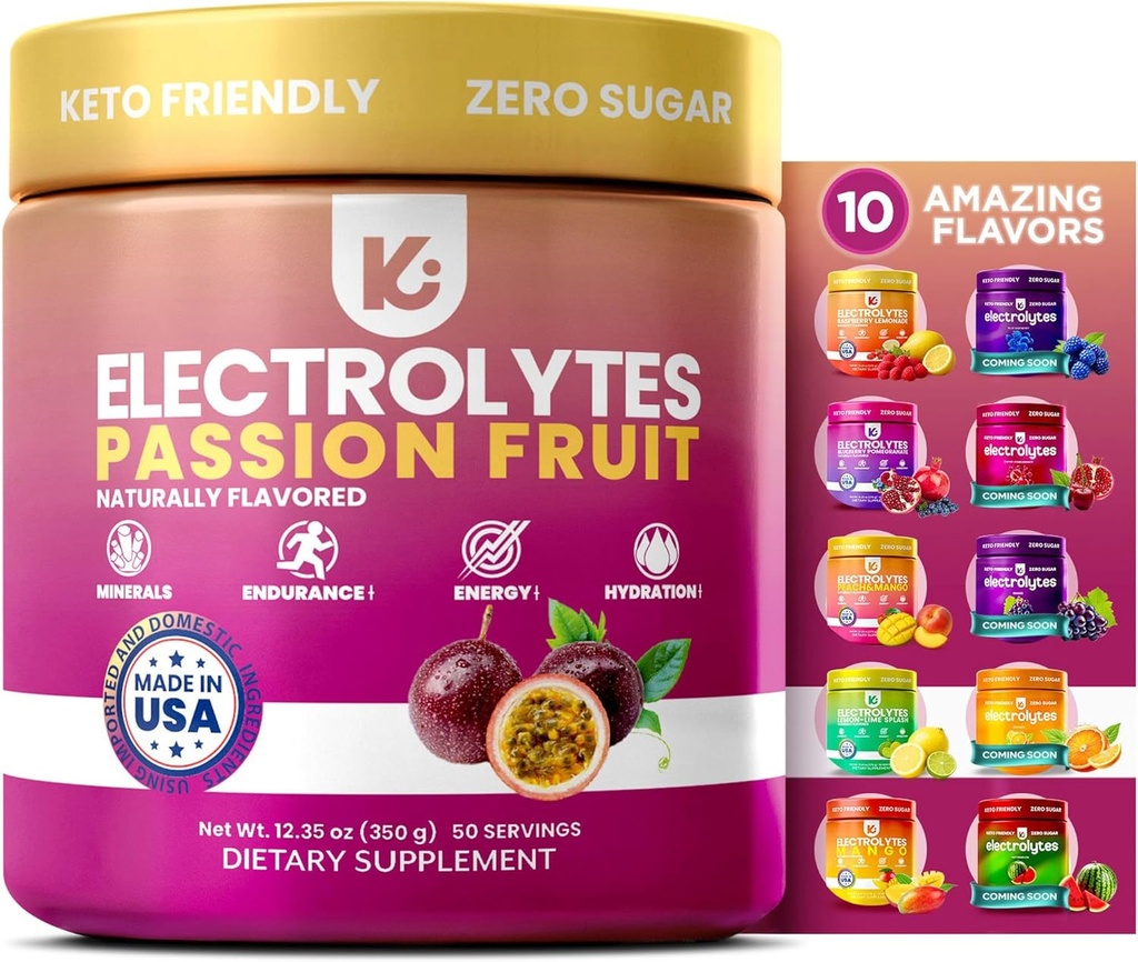 Keppi Electrolytes Powder - Passionfruit Flavor - Nie Sugar Hydration Supplement with Potasu, Magnezu, Sodu - 50 Służenia - Keto, Wegan, Przyjazny do montażu, Zero Calorie Electrolyte Drink