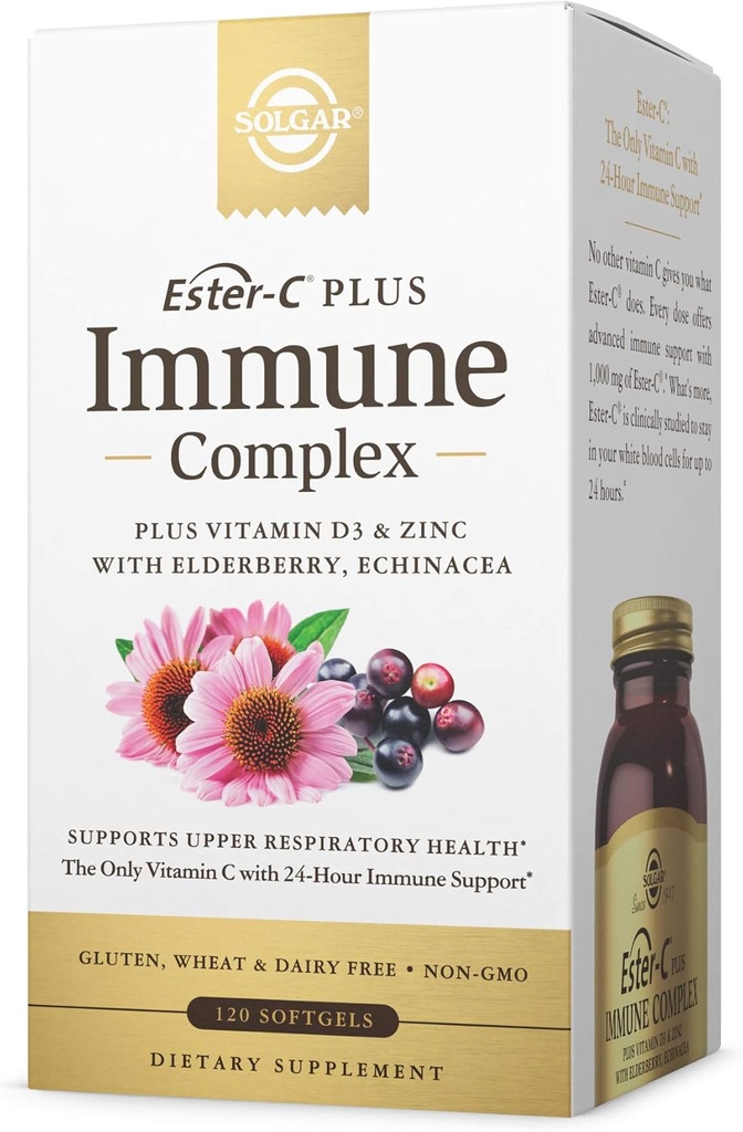 Solgar Ester- C Plus Immune Complex - 120 Softgels, 24- godzinne wsparcie immunologiczne, Wspiera górne zdrowie oddechowe - Plus D3, Cynk, Elderberry & Echinacea - Non-GMO, Gluten Free, Dairy Free - 60 Sługi,