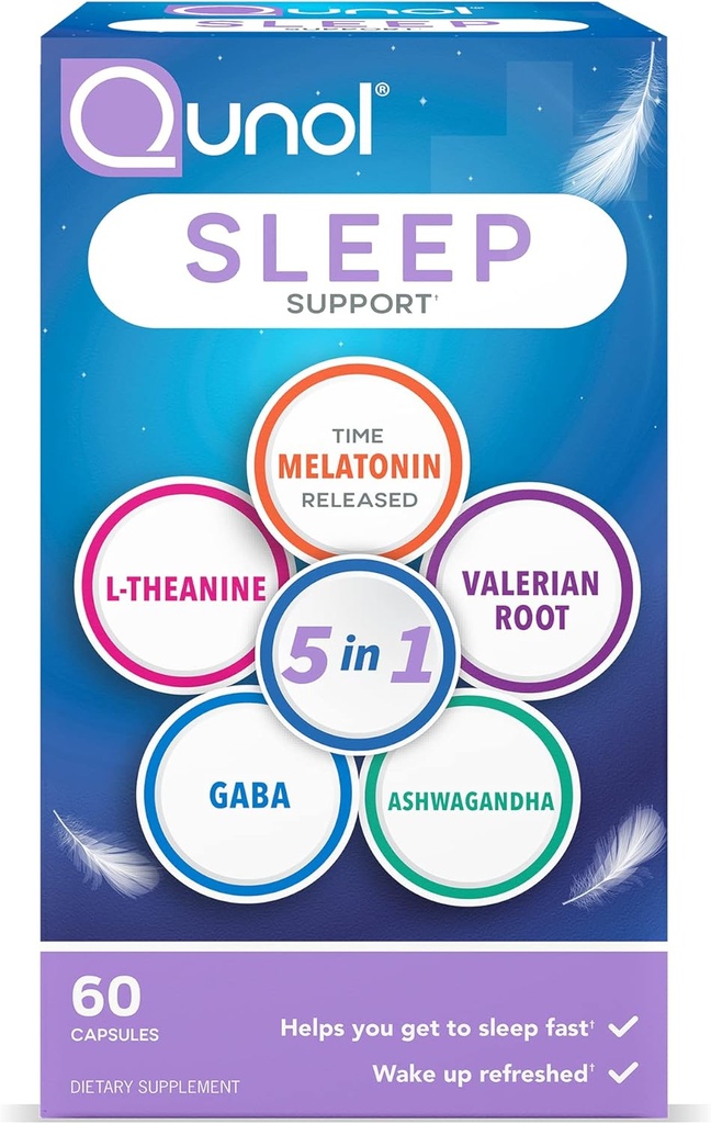 Qunol Sleep Support, 5 in 1 Non-Habit Forming Sleep Aid, Suplement z czasowym wydaniu Melatonin 5mg, Ashwagandha, GABA, Valerian Root, L- Theanine, 60ct kapsułki