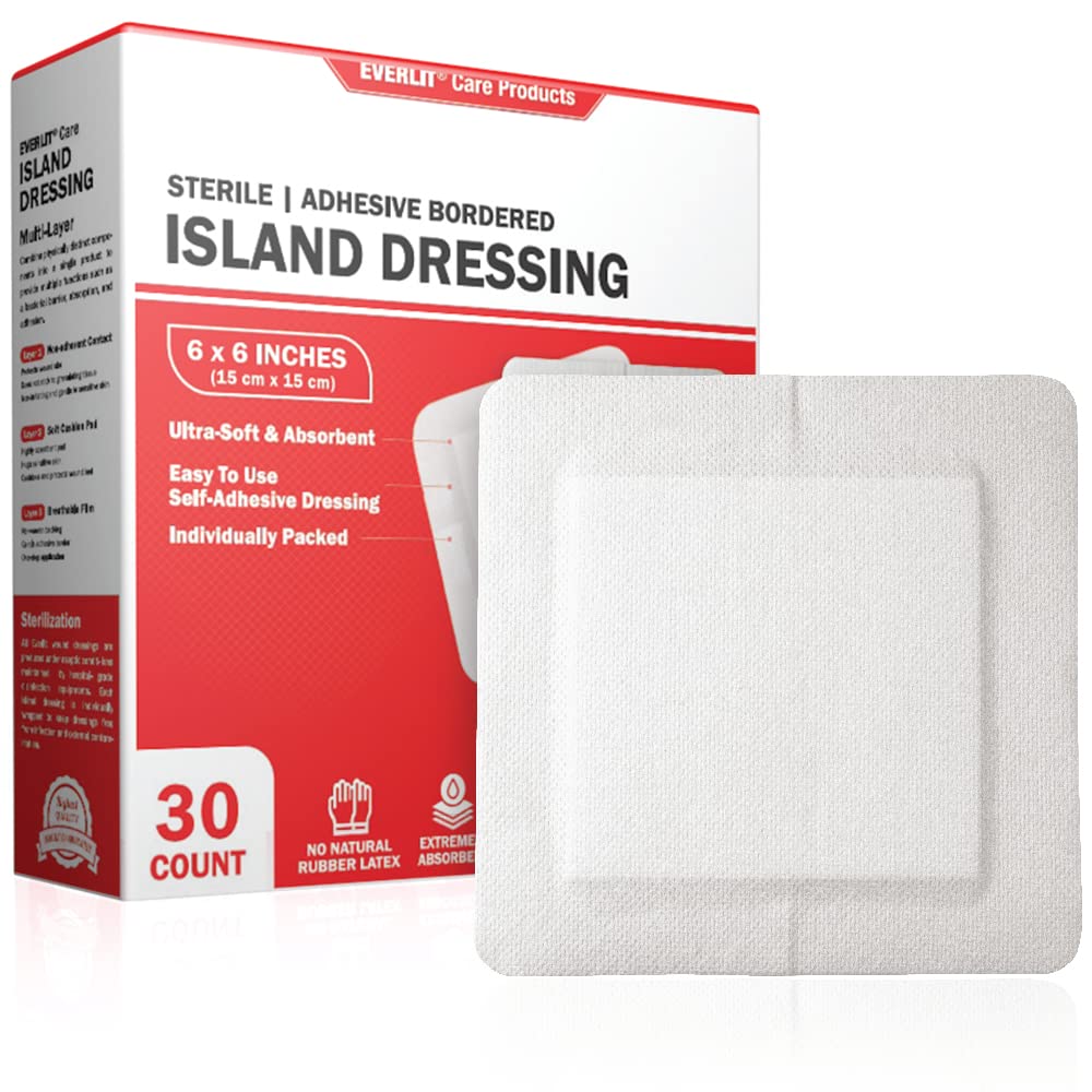 EVERLIT Island Dressing Bordered Gauze | Large Wound Care Bandage with Adhesive Border| Sterile, Soft & Highly Absorbent Medical Grade Dressing Pad (6x6 Inch (Pack of 30))