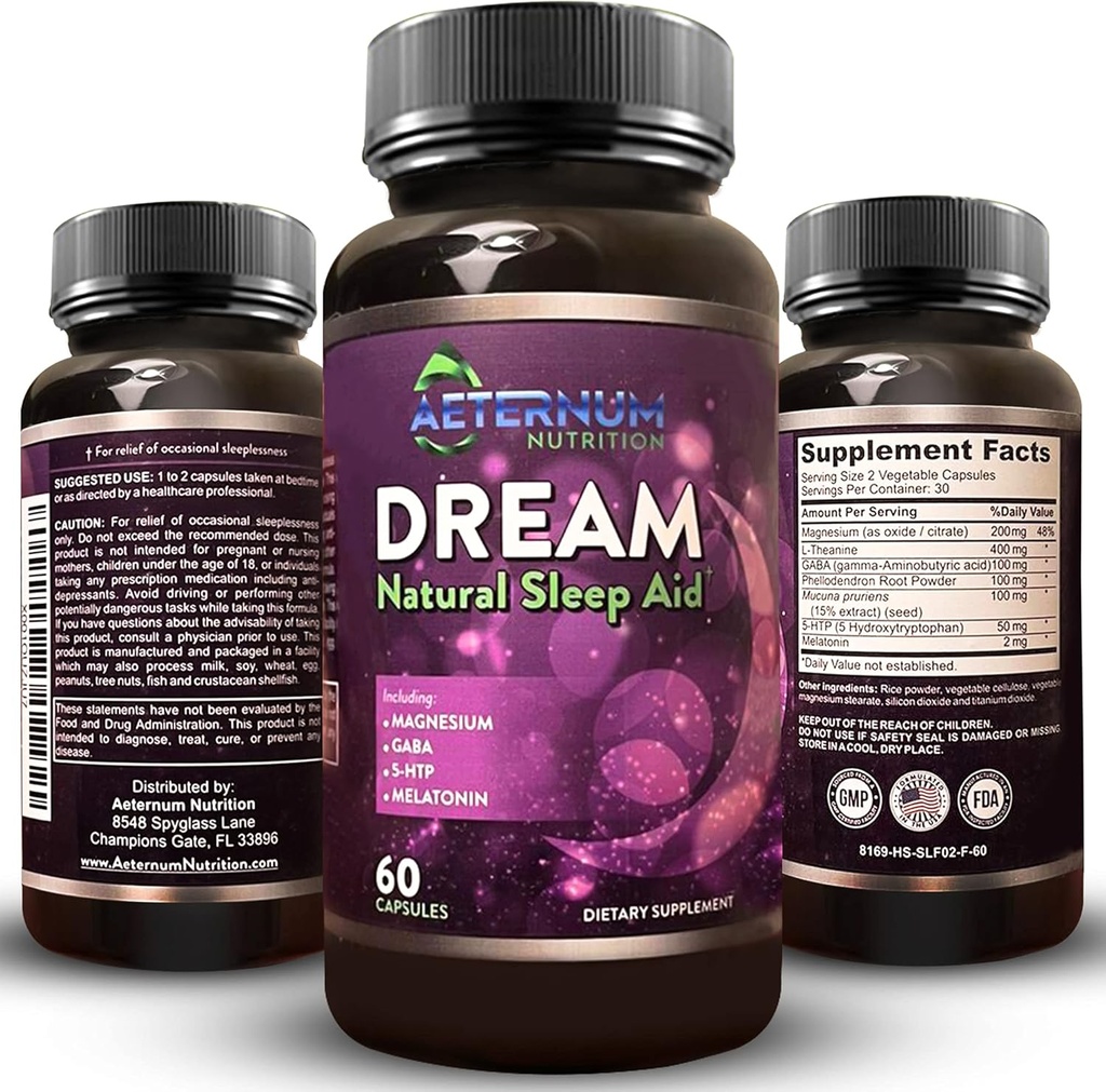 Dream Natural Sleep Supplement for Adult - Relaxing Sleep, Wake Rested - Non Habit Sleep Aid Kapsułki wolne od cukru, Węglowodory - Melatonina, Magnez, 5HTP, L- Theanine, GABA- Non-GMO 60 Pigułki do spania