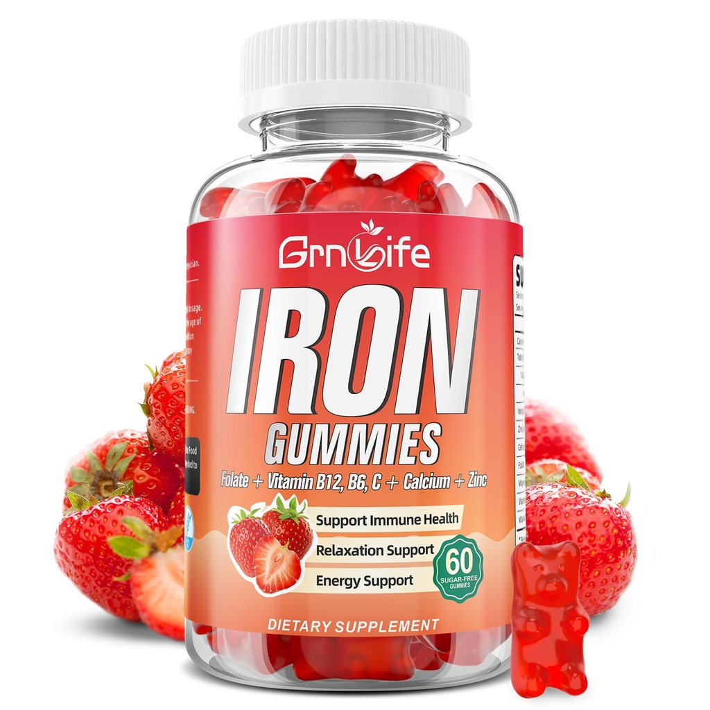 Żelazne gumki dla kobiet, Mężczyźni i dzieci, Sugar Free Żelazo Suplement z wapniem, Cynk, Folate & Witamina B12, C, B6 - dla Blood Building & Energy Support, Anemia, Truskawka, 60 Count