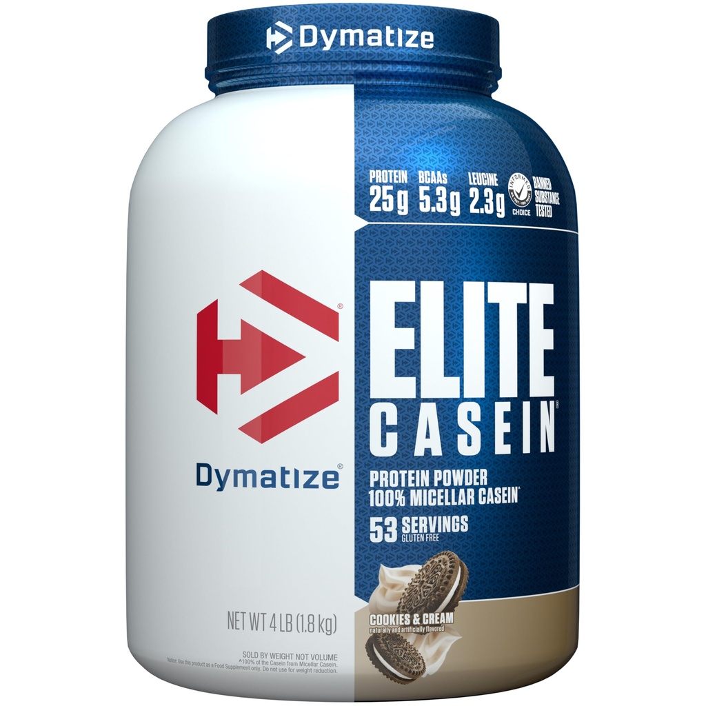 Dymatize Elite Casein Protein Powder, Cookies & Cream, 100% Micellar Casein, 25g Protein, 5,4 g BCAA, 2,3g Leucyna, Slow Absorbing for Overnight Muscle Recovery, 4 lb (53 Servings)
