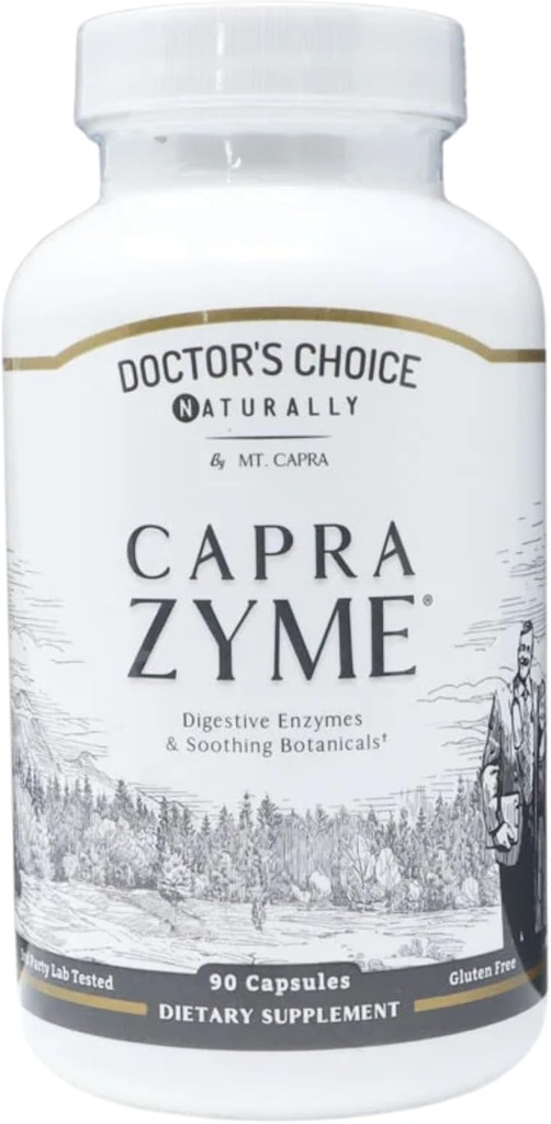 CapraZyme by Mt. Capra Xi124; Vegetarian Digestive Enzyme Supplement for Men and Women, Amylase, Lipase, Bromelain, Promate, with Botanical Blend Grapefruit, Ginger, and Turmeric Xion124; 90 Kapsułki