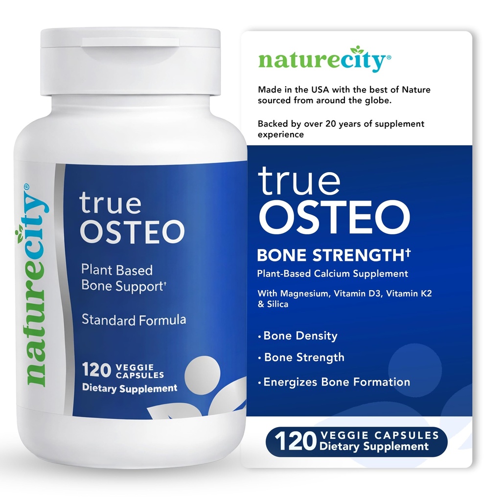 NatureCity True- Osteo Plant- Based Supplement for Bone Strength 124; AlgaeCal Wapń & Magnez, Witamina D3, Witamina K2, Krzem 124; Delikatność na żołądku (120 Kapsułki wegetariańskie)
