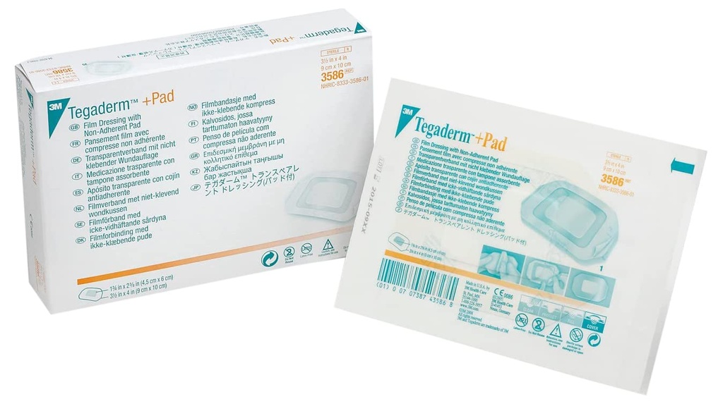 3M™ Tegaderm™ +Pad Film Dressing with Non-Adherent Pad, 3586 | Model 3586. Case pack: 4 Cartons/case; 25/Carton. Dressing for professional healthcare use.