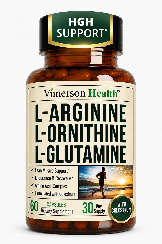 Vimerson Health L-Arginine L-Ornithine L-Glutamine with Colostrum – HGH Supplements for Men & Women – Muscle Growth & Recovery Support – 60 Capsules 30-Day Supply