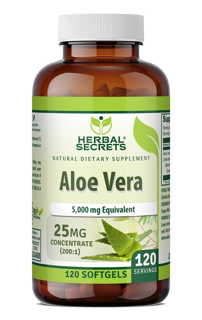 Tajemnice ziołowe Aloe Vera 25 Mg Koncentrat 200: 1 XI124; 5000 Mg Równoważny 124; 120 Softgeli 124; Non-GMO XI124; Gluten- Free Xion 124; Made in USA