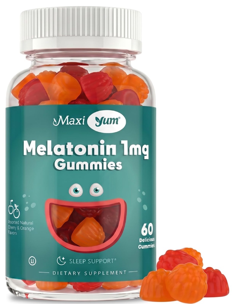 Maxi Health 1mg Melatonina Gumiaki - Dzieci Melatonina Chewables z Natural Cherry & Orange Flavor - Dorosłe i dziecko Sen Pomoc Suplement do wsparcia Resteful Nights (60 Count)