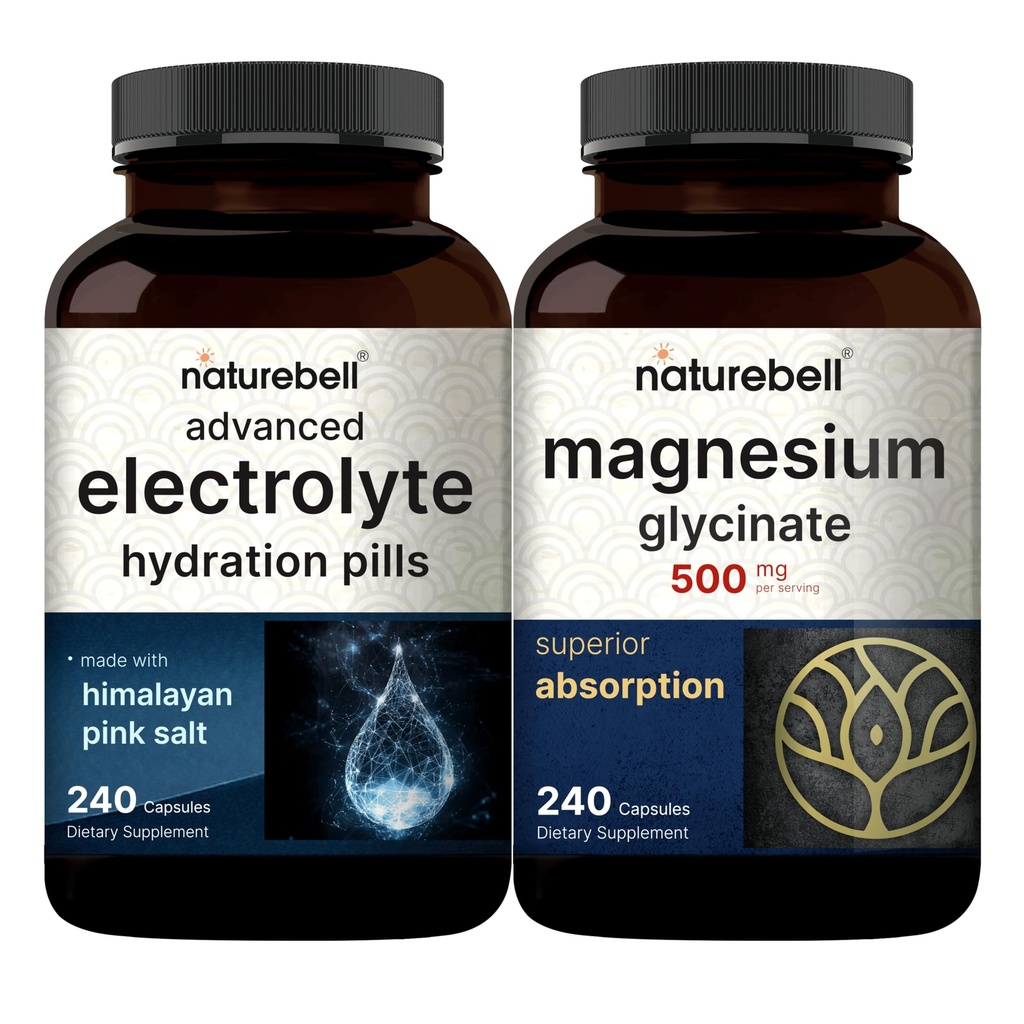 NatureBell Magnezu Glicynian Kapsułki 500mg & Advanced Electrolyte Hydration Pills Pack Bundle 124; Chelated & Oczyszczony minerał 124; Szybkie Hydrating Keto Electrolytes