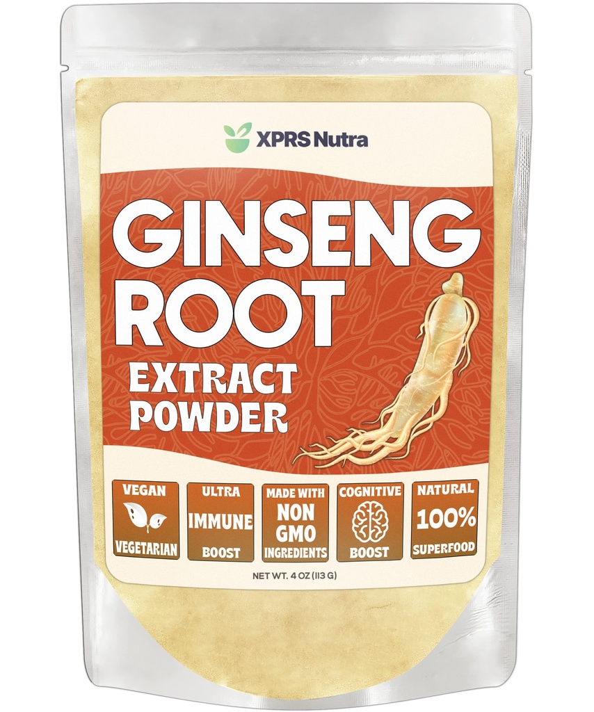 XPRS Nutra Ginseng Root Extract Powder - Ginseng Powder wspomaga funkcje poznawcze, sprawność fizyczną i układ immunologiczny - Wegańska Przyjazna Panax Ginseng w postaci proszku (4 unce)
