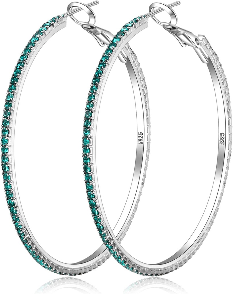 925 Kolczyki Sterling Srebrne Duże kolczyki Rhinestone Hoop Kolczyki duże sześcienne kolczyki Zirconia Hoop cienkie kolczyki Rhinestone okrągłe kolczyki dla kobiet 20 / 30 / 40 / 50 / 60 / 70mm Błyszczące obręcze z kryształy dla kobiet