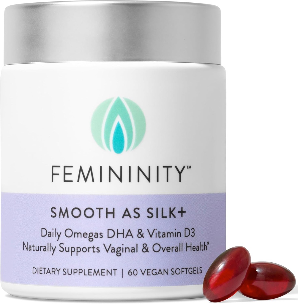 Feminity Gładki jak jedwab + 30- Day Zestaw startowy dla suchości pochwy (60 Softgels & Refillable Glass Jar) - Mieszanka oleju Buckthorn Sea, Witamina D3 i Plant Omega-3 DHA