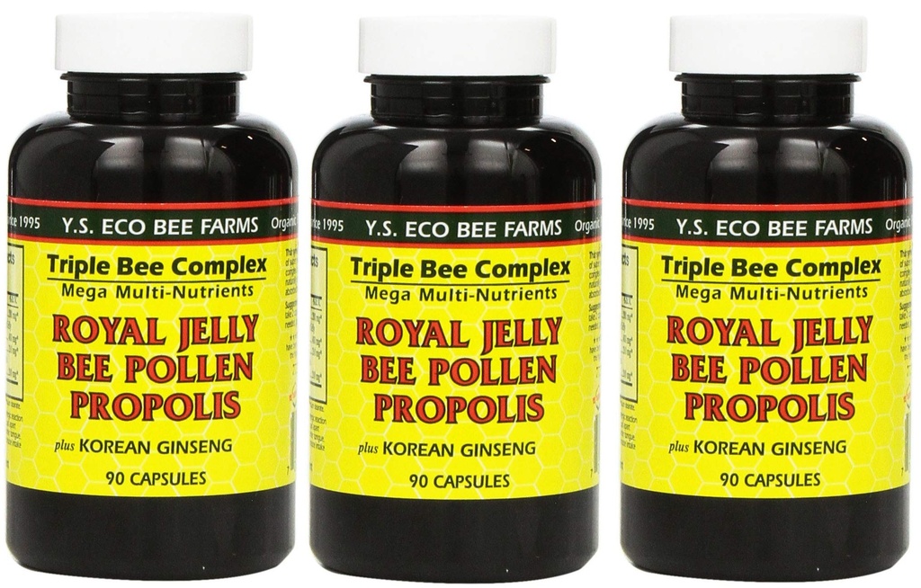 Y.S. Eco Bee Farms, (3 Pack) Royal Jelly, Bee Pollen, Propolis, Plus Koreański Ginseng, 90 Kapsułki