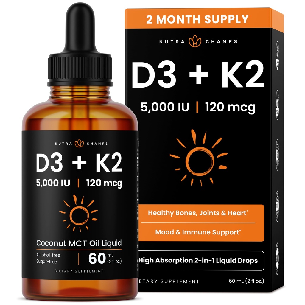 NutraChamps Vitamin D3 K2 Drops, Liquid Vitamin D3 5000 IU & K2 D3 with MK7, Vitamin D Drops for Kids, Bones, Heart & Immune Health, Liquid Vitamin D in MCT Oil for Better Absorption