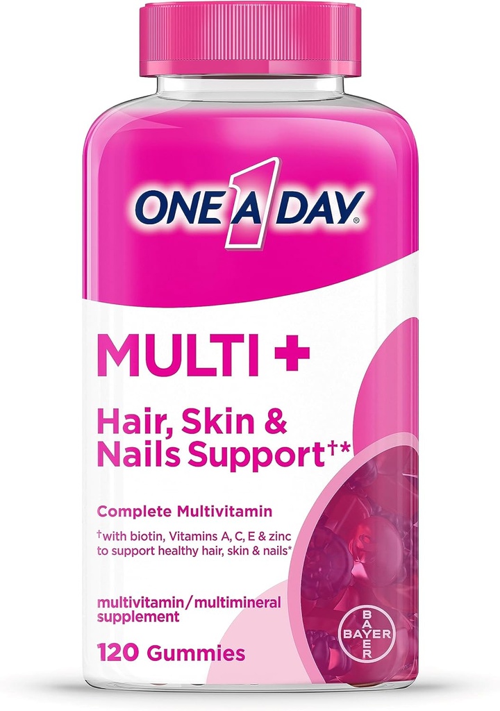 1 dzień Multi + Włosy, Skóra i paznokcie, Multivitamin + Boost of Support for Healthy Hair, Skóra i paznokcie z Biotin i witaminy A, C, E & Cynk, Gummy 120 Count (2 Dostawa miesiąc)