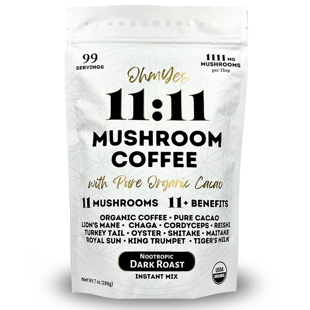 Ohmyes 11 Mushroom Coffee with Cacao - 11 USA Hodowane Grzyby Adaptogenetic for Focus, Clarity & Energy - Lwie 's Mane, Reishi, Chaga + Nootropic Organic Superfood by OhmYes (7oz) - 99 Służenia