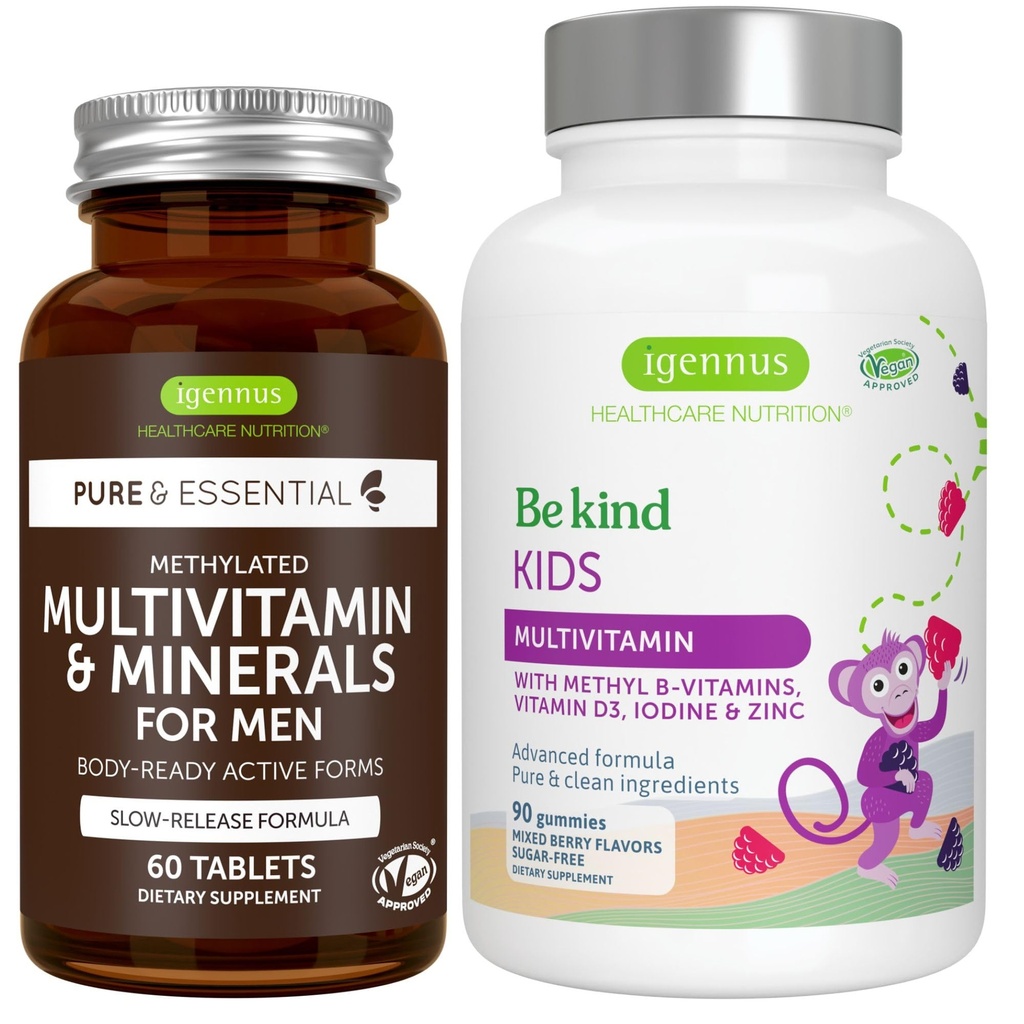 Multivitamin & Minerals for Means + Advanced Kids Multivitamin Gummy Vegan Bundle, with Methylled B- Vitamin, Witamina A, C, D3 & E, Clean Label, 60 Tablets + 90 Berry Flavor Gummies, by Igennus