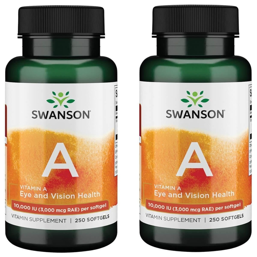 Witamina Swanson A 10 000 j. m. (3000 μg RAE) Naturalne Nourishment for Bone, Skin Health, Vision Support & Immune System Function - Wysoka wchłanianie Witaminy A 250 Softgels (2 opakowania)
