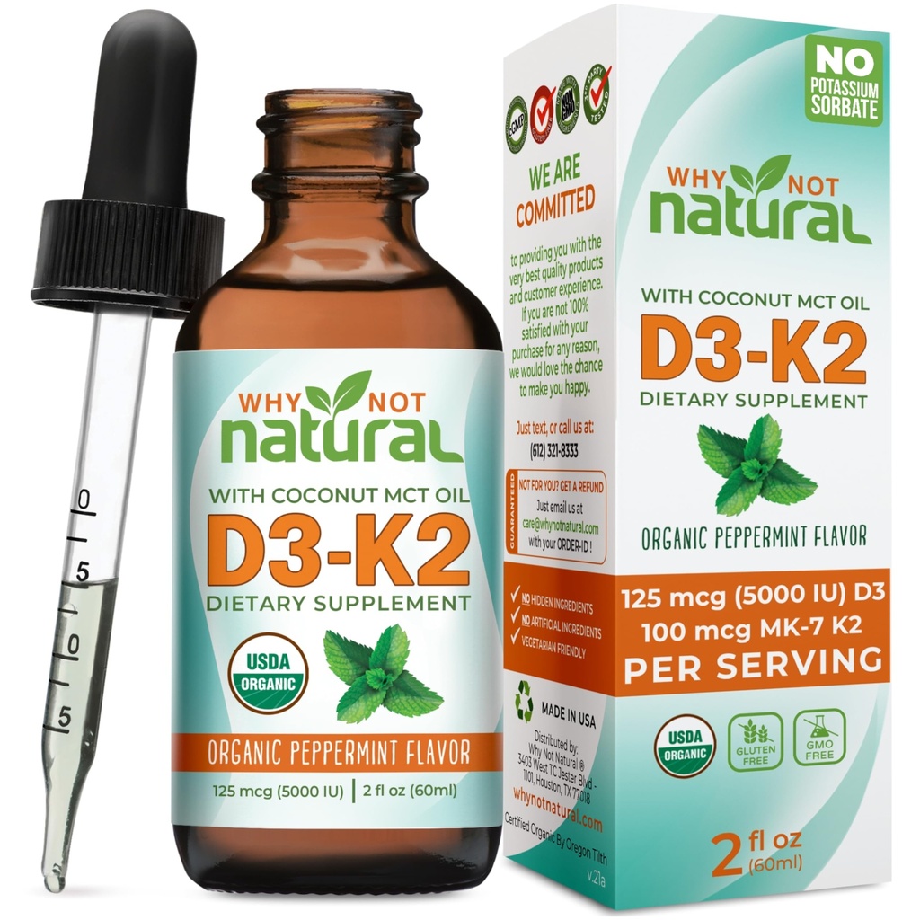 Dlaczego nie naturalna organiczna witamina D3 K2 (MK- 7) Krople płynne, 5000 j.m. podjęzykowego D3 z oleju kokosowego MCT, dla silnych kości i zębów, Serce i wsparcie immunologiczne