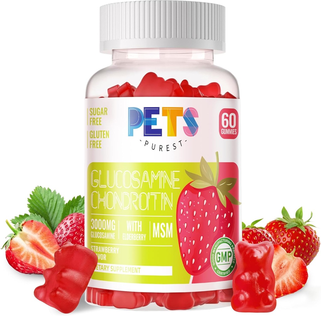 Zwierzęta domowe Najczystsza Glukozamina Gummie Chondroitin z SM & Elderberry Extra Siła - Wspólne wsparcie, Antyoksydant immunologiczny Suplement wsparcia dla dorosłych, Mężczyźni i kobiety. Truskawka