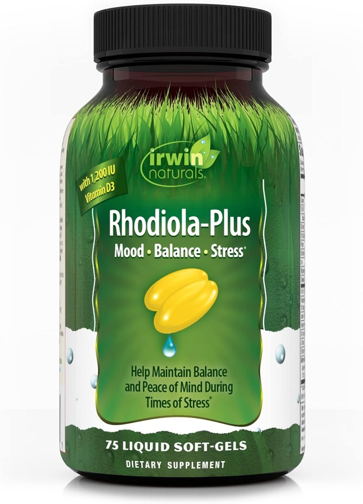 Irwin Naturals Rhodiola- Plus - 75 Płynne żele soft- Pomaga utrzymać równowagę i spokój umysłu - z L- Theanine, Witamina D3 i Magnez - 25 Służenie