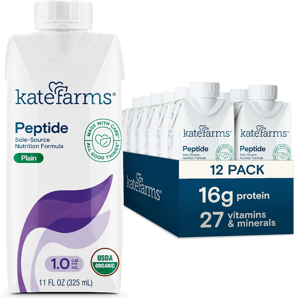KATE FARMS Organic Adult Peptide 1.0 Formuła, Plain, Sole- SoleSource, Zhydrolizowane Plant- Based Nutrition for Oral or Tube Feeding, 11 Fl oz (12 Pack)