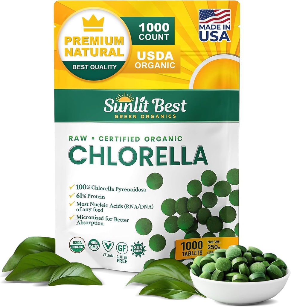 Sunlight Najlepszy USDA Organic Premium Chlorella Tablets 1000 Hrabia 124; 100% Pure Chlorella Superfood Supplement High in Protein, Chlorofil, Witaminy, & Minerały