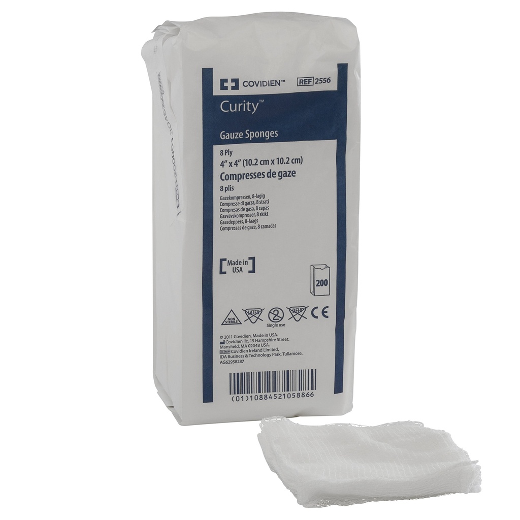 Covidien 2556 Curity Gauze Sponge, Non-Sterile, 8-Ply, 4" x 4" Size, Pack of 200