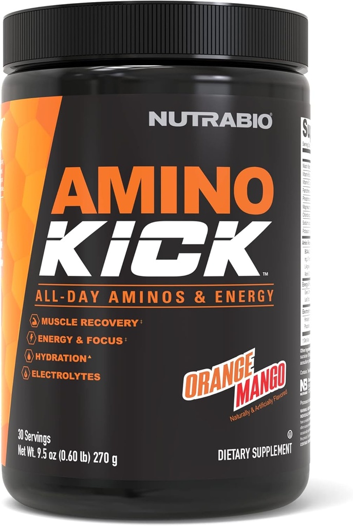 NutraBio Amino Kick - BCAA Proszek z naturalną kofeiną - Amino Acids Supplement for Energy, Hydration & Recovery - BCAA, Electrolytes & Amino Acids - Orange Mango, 30 Servings