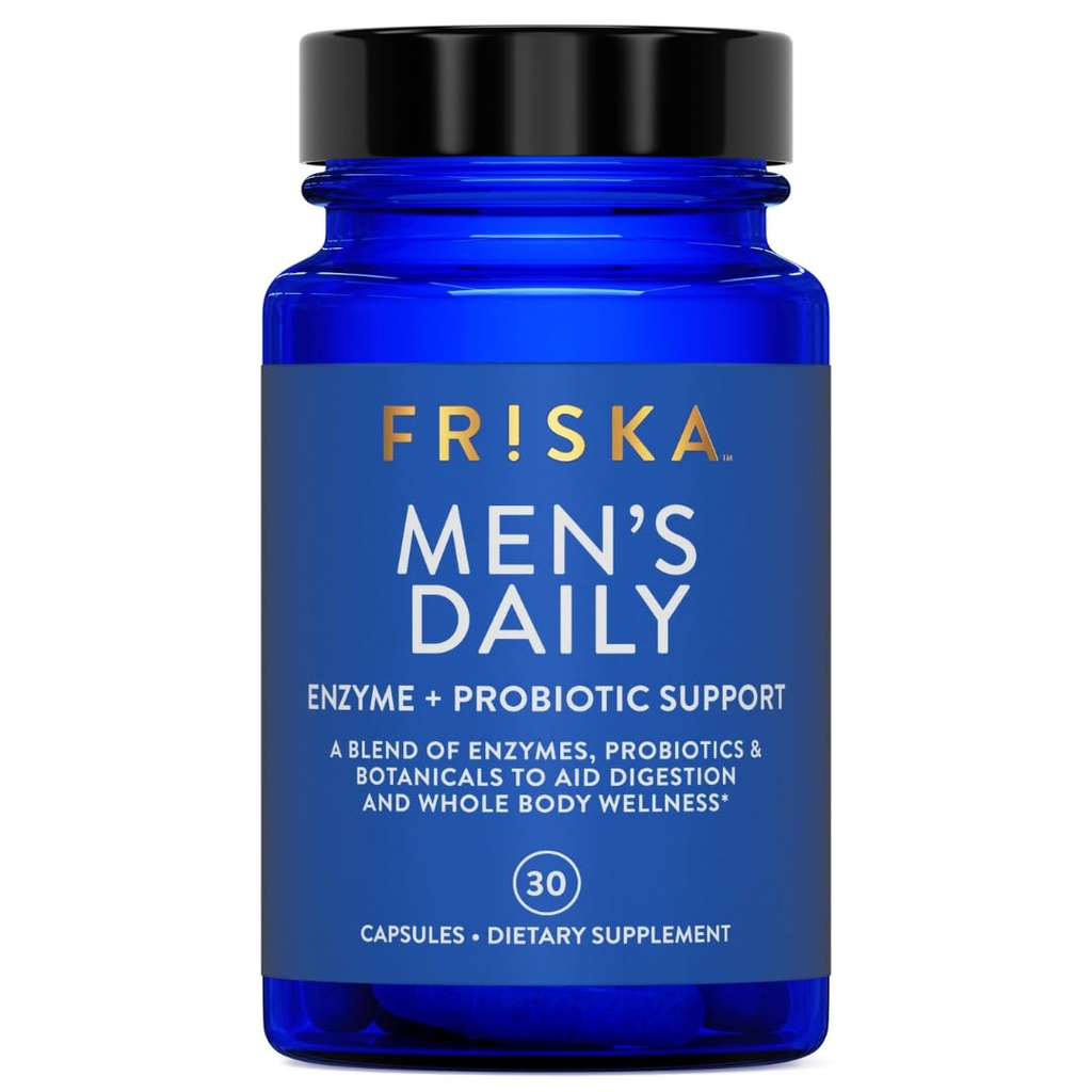 FRISKA Men 's Daily Digestive Enzyme and Probiotics Supplement, Natural Support for Mężczyzna Digestive Health, Bloating, Gas, Infersition Relief, Supports Gut Health, Lactase and B- Vitamin, 30 kapsułki