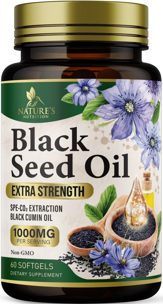 Black Seed Oil Softgels 1000mg - Premium Nigella Sativa Blackseed, Pure Natural Black Cmin Seed Oil & Antioksydant for Skin & Immune Support - Nie GMO, Butelki w suplemencie USA - 60 Softgels