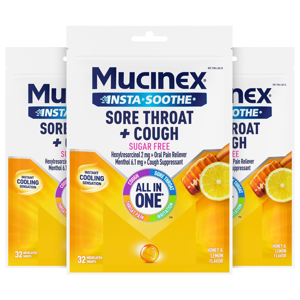 Mucinex Instasoothe Sugar Free Cough Drops for Adults + Sore Throat Relief, Medicated Sore Throat Lozenges with Hexylresorcinol & Menthol, Honey & Lemon Flavor Drops, 32 ct (Pack of 3)
