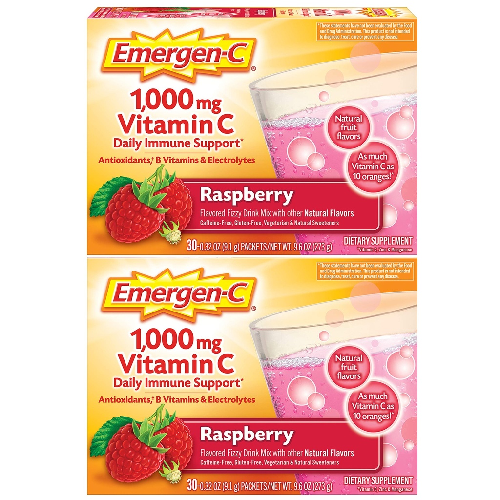 Emergen- C 1000mg Witamina C Proszek, z przeciwutleniaczami, Witaminy B i Electrolytes, Suplementy witaminy C dla immunologicznego wsparcia, Kofeina wolny napój Mix, Malina Flavor - 60 Count / 2 Dostawa miesiąc