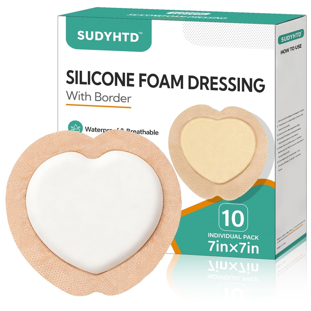 10 Pack Sacrum Silicone Foam Dressing 7"x7", Sacral Foam Dressing, Large Bandage for Bed Sores On Buttocks, Super Absorbent Pressure Sore Prevention Pads, Waterproof & Breathable Wound Dressing