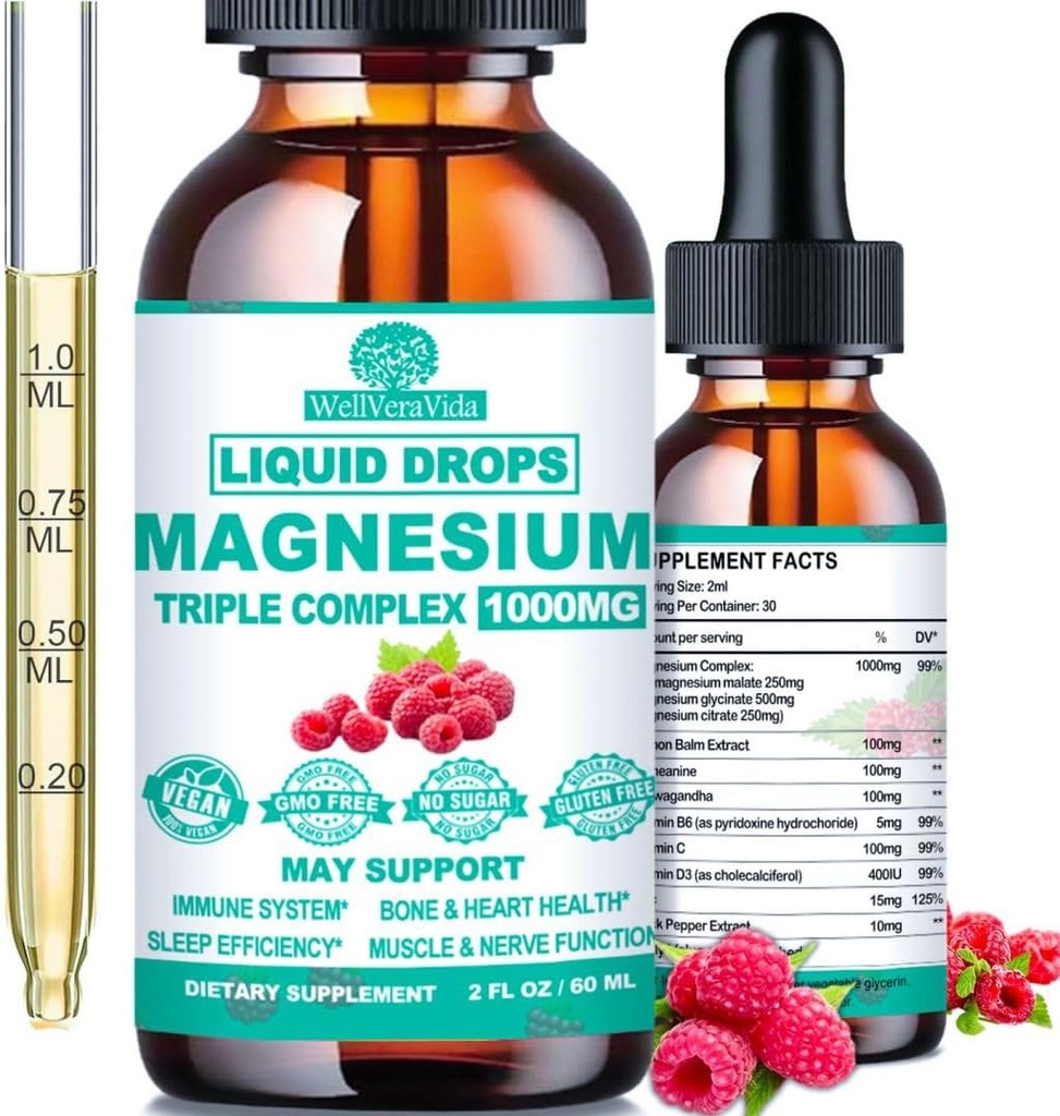 Triple Magnezu Complex, 500mg Magnezu Glicynian, Cytrat i jabłczan w. Witamina D3 K2, Chelated Forms Wysoka Absorpcja, Liquid Magnezu Complex w / B6 Cynk dla kości, Sen, Serce, Energia Nerve