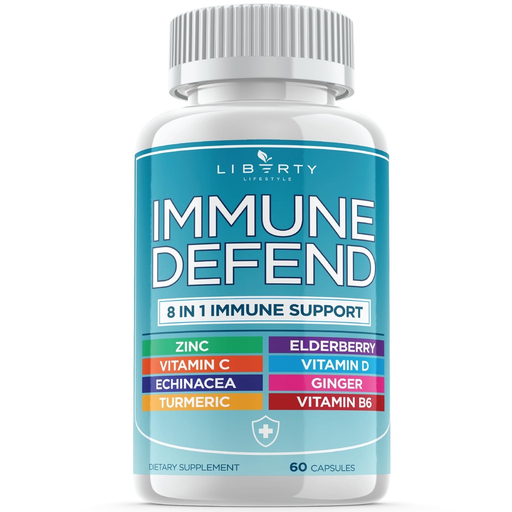 Liberty Lifestyle 8 in 1 Immune Supplement with Echinacea, Vitamin C and Zinc 50mg, Vitamin D 5000 IU, Turmeric Curcumin & Ginger, B6, Elderberry, 60 Capsules