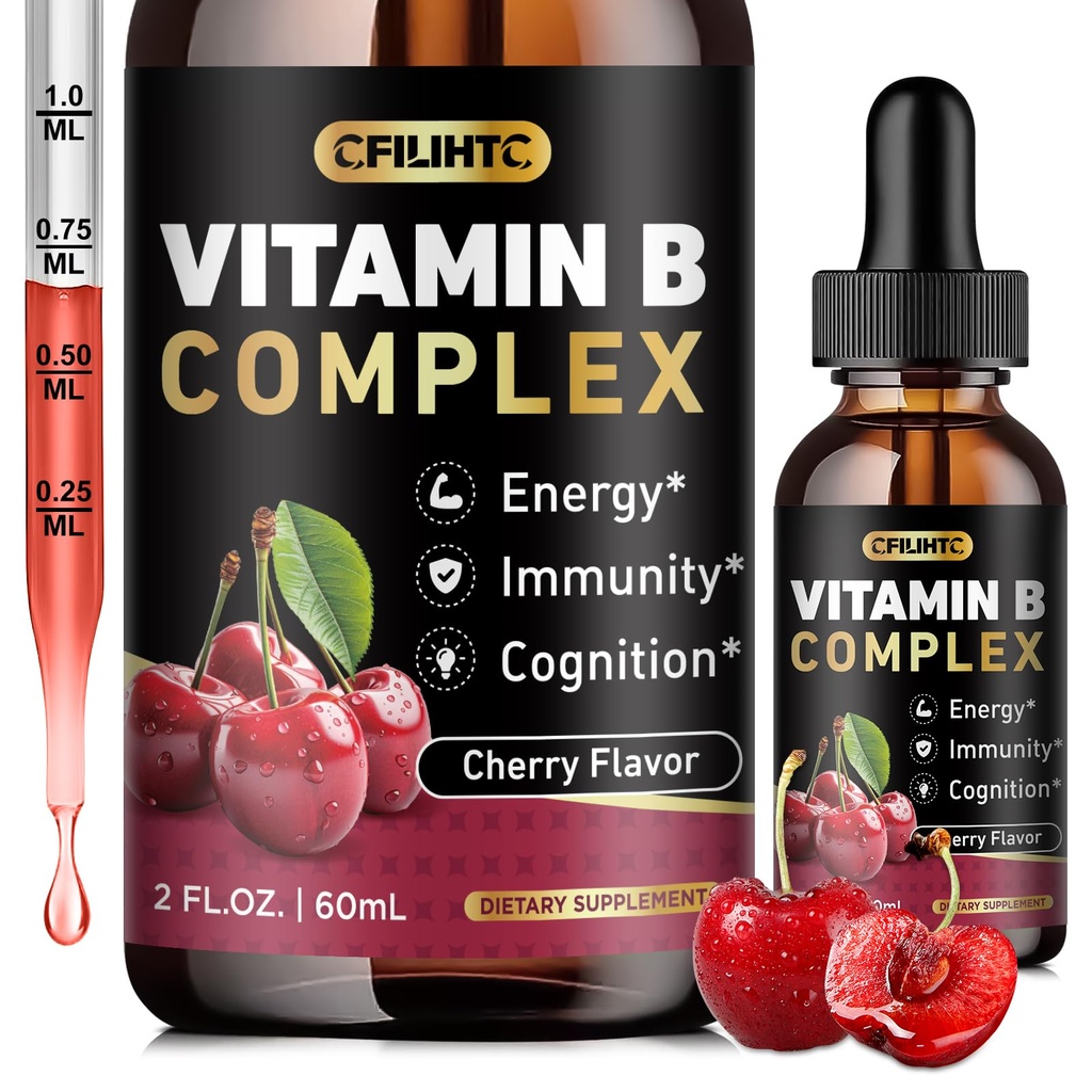 Witamina B złożone krople płynne, B witaminy suplement z B1, B2, B3, B5 B6, B7, B9 i Metyl B12 krople dla dorosłych i dzieci, Wegan, Cherry Flavor