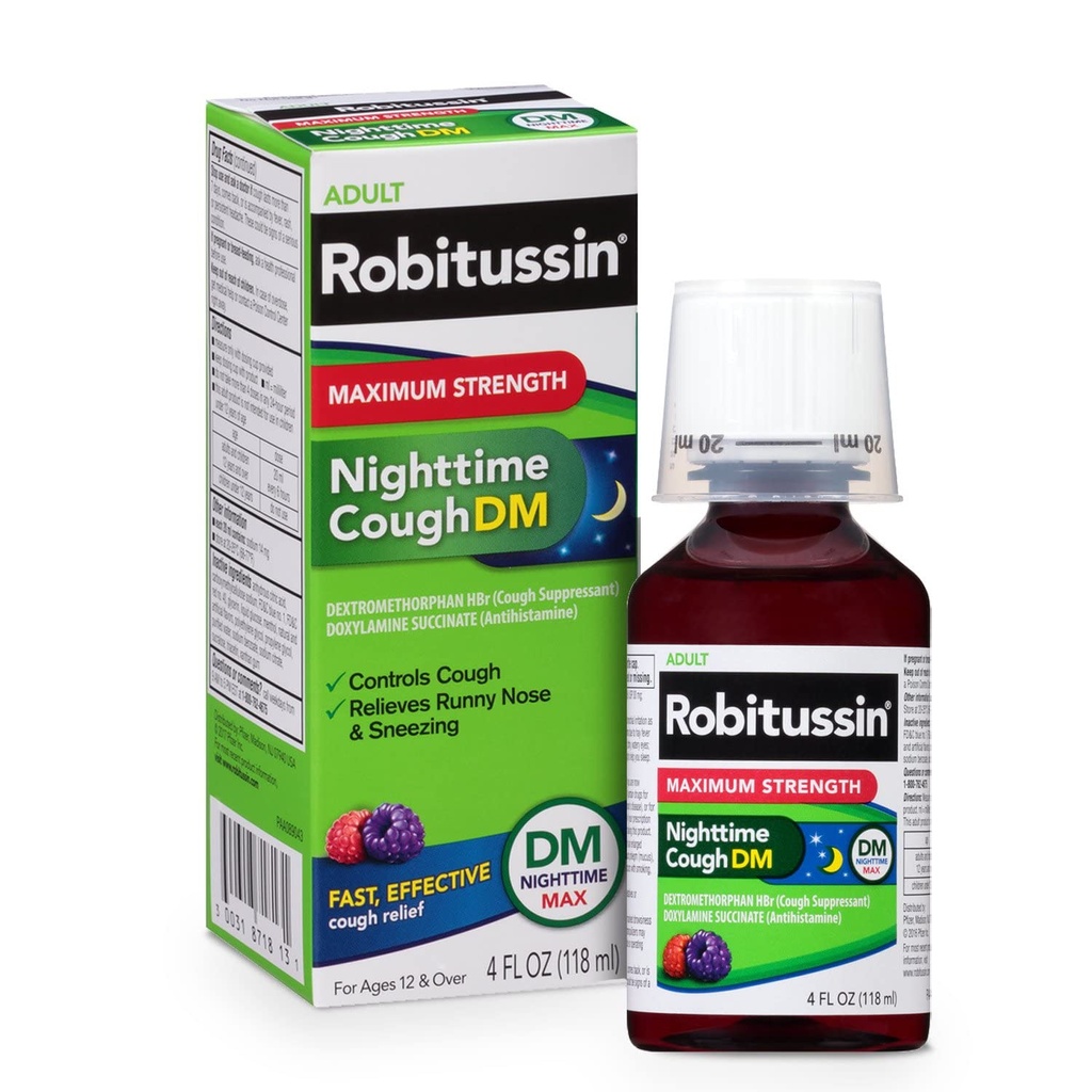 Robitussin Adult Nighttime Cough DM Liquid Maximum Strength - 4 oz, Pack of 4