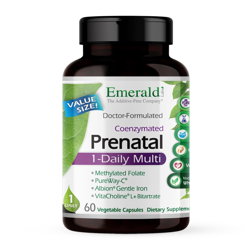 EMRALD LABS Prenatal 1 - Daily Multi - Prenatal Multivitamine with Methylled Folate, Żelazko, Whole- Food Blend & More - Soy- Free, Gluten- Free - 60 Kapsułki roślinne