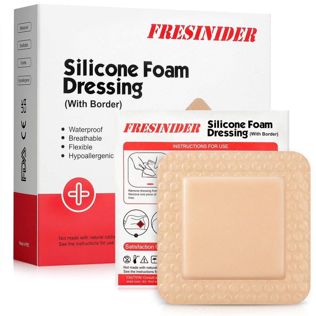 FRESINIDER Silicone Foam Dressing with Adhesive Border – Wound Dressing Bandage – Silicone Foam Pad – Pack of 10 – 3 x 3 Inches Large Waterproof Bandages – Self Adhesive Wound Care and Dressings