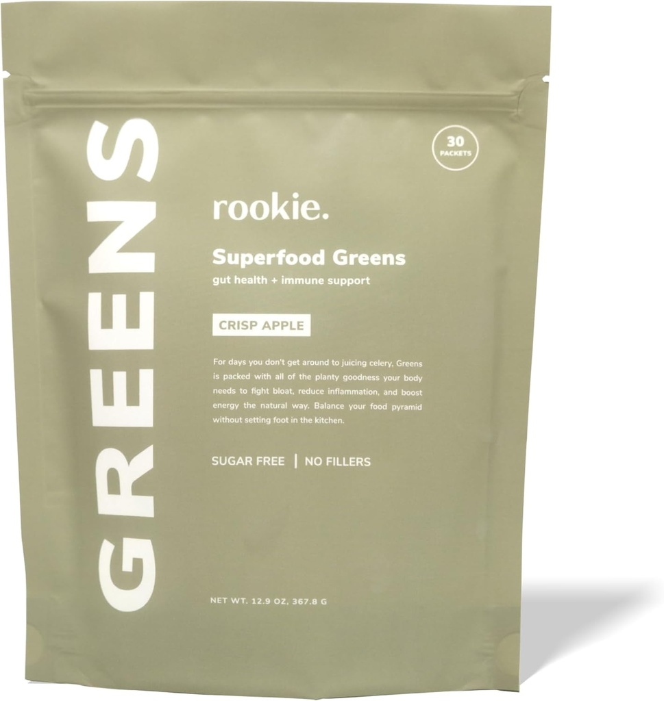 Rookie Wellness Zieloni + Superfoods - Zieloni Superfoods napój proszkowy Made with Whole Food Sourced Ingredients Zawiera witaminy, Probiotyki, Przeciwutleniacze i Baobab Fiber (30 Sług, Jabłko Crisp)